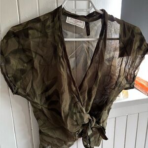 L’Amadei by D.P. Alamonte Olive Sheer Tie-Front Blouse